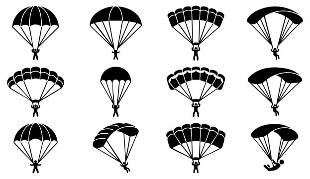 Set of black parachute icons with skydivers jumping and flying in the air