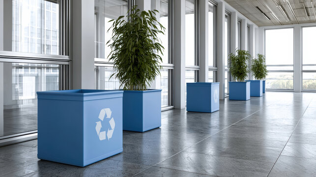 Row of blue recycling bin in modern office hallway with large window, green plant, natural light, clean environment, sustainability