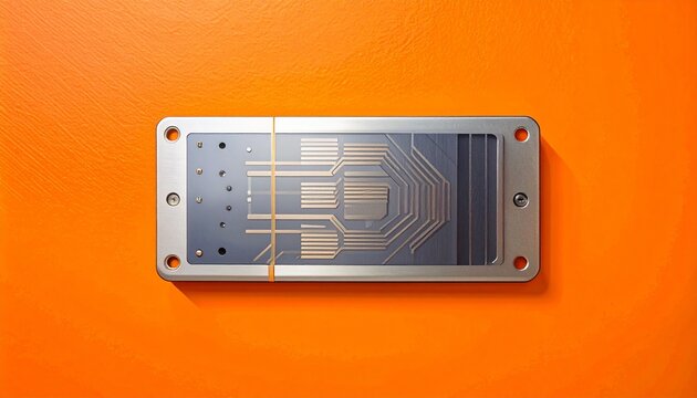 Modern circuit board on bright orange background.