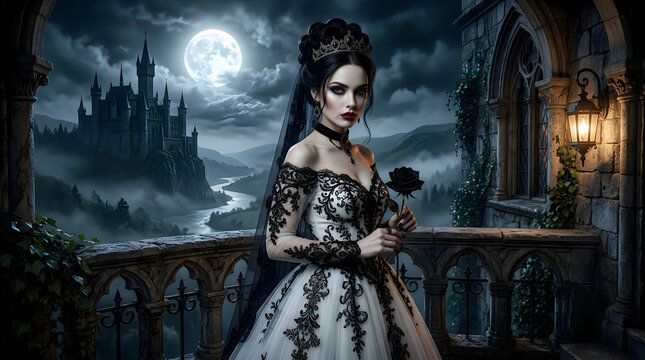 A beautiful gothic queen standing on a stone balcony holding a dark black rose flower