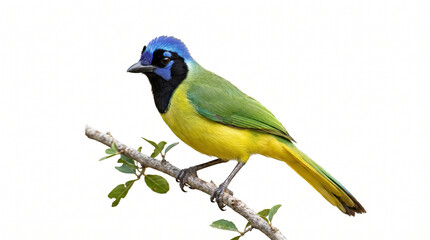 Obraz premium Colorful bird with blue head and green body perched on a delicate branch.