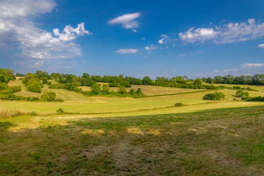 Summer landscape, The terrain of hilly countryside, A hamlet on hillside with green grass meadow and tree, Eys is a village in the municipality of Gulpen-Wittem and region in Zuid-Limburg, Netherlands