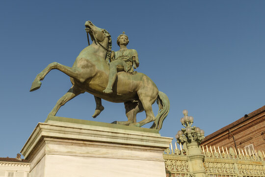 Equestrian bronze statue of Dioscure Pollux, which appears on the right of the gate of the Royal Palace. Turin, Italy