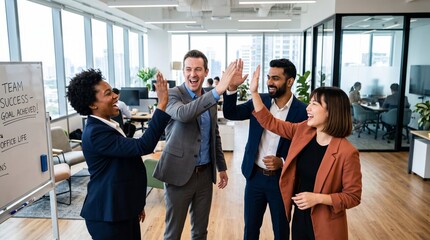 Obraz premium Successful diverse business team giving high fives to celebrate achievement in a modern office environment with a whiteboard showing 'Goal Achieved!'