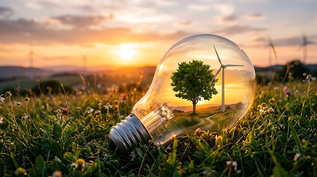 Green tree inside light bulb at sunset for eco friendly renewable energy