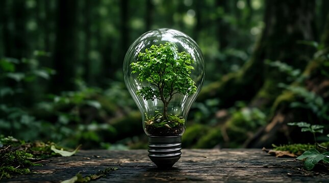 Small tree growing inside light bulb placed on old wood in forest with friendly