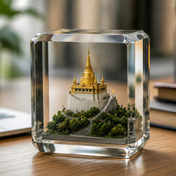 Detailed Golden Mountain( wat saket ) miniature replica souvenir enclosed inside crystal glass block,souvenir, landmark of Thailand