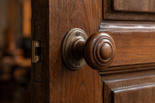 Vintage wooden door knob with brass plate and bolts.