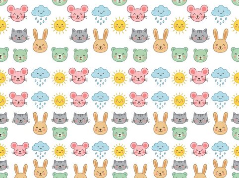 Seamless pattern with cute cartoon animals, suns, and clouds isolated on white background