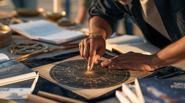 An astrologer arranges natal chart symbols on a velvet cloth at a golden-hour outdoor fair, the symbolic still life of celestial instruments and sport psychology journals placed