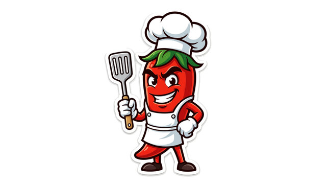 Cheerful chili pepper chef mascot holding spatula.