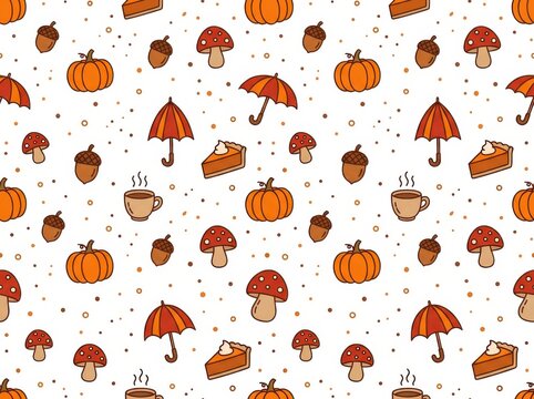 Seamless pattern with autumn icons including pumpkins, mushrooms, umbrellas, and pumpkin pie