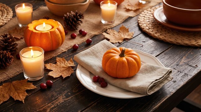 A warm and inviting thanksgiving tablescape featuring pumpkins candles and autumn leaves symbolizing gratitude and family togetherness during the holiday season