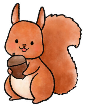ドングリを持ったかわいいリスの水彩風イラスト