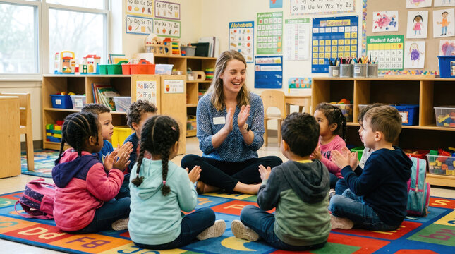 A dedicated female teacher sitting on the floor with diverse young children in a colorful classroom setting for a teacher's day celebration