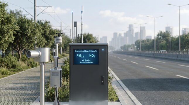 Roadside air quality monitoring station on a city highway measuring PM2.5 and NO2 pollution levels
