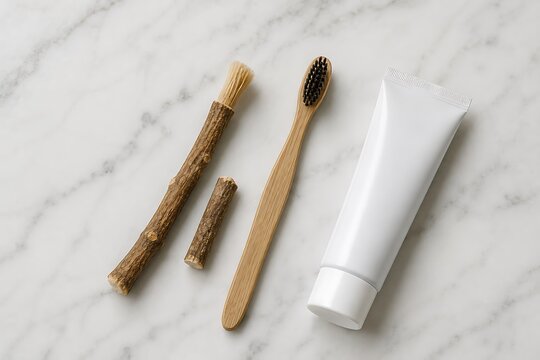 Bamboo toothbrush miswak and toothpaste tube on marble