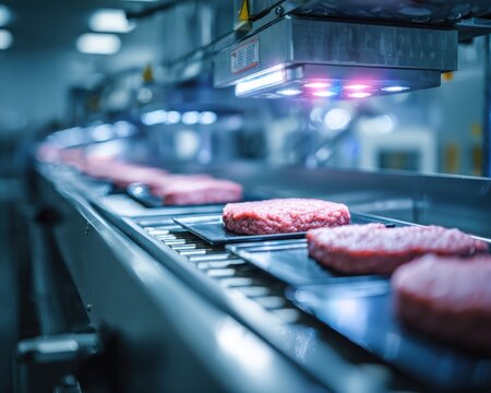 Automated quality control station scanning meat products on conveyor belts with advanced sensors and robotics. Modern food technology, safety monitoring, and consistency in industrial food processing.