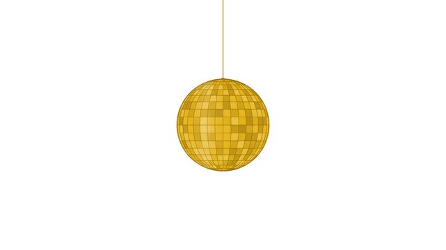 A golden disco ball rotates steadily against a plain white background in a minimal party graphic style for celebration concepts.