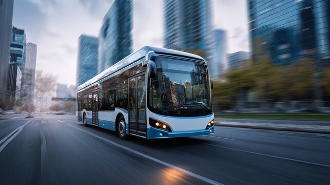 Public hydrogen bus operating on modern urban street. Clean energy transport in city environment. Zero emission mobility, sustainable transit planning, and future focused public policy communication.