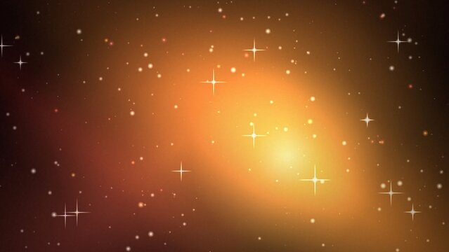 Bright golden nebula with sparkling stars and luminous light flares in a cosmic expanse