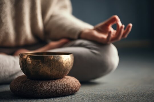 Close up of hands in meditation mudra gesture with brass singing bowl in foreground for mindfulness training instruction and spiritual wellness practice yoga meditation technique teaching concept.