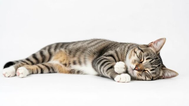 A tabby cat sleeping isolated on white background