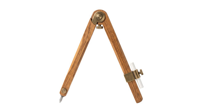 Vintage wooden drafting compass tool for drawing circles and technical design isolated on transparent background