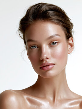 Beautiful woman natural clear skin glowing complexion youthful face healthy beauty soft makeup serene expression