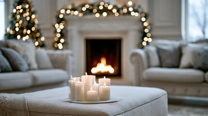 Fototapeta premium Soft white candle arrangement on ottoman, elegant living room, fireplace, festive garland, cozy holiday atmosphere, blurred background