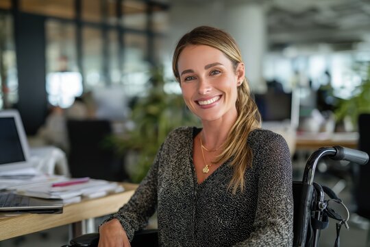 Joyful woman in stylish wheelchair working in high tech modern office showcasing disability inclusion professional diversity and accessible workplace for equal employment opportunity career success.