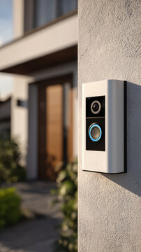 Smart doorbell with camera and motion sensor on a modern front door, visitor face recognition shown on device screen. Connected home living, daily security monitoring and safer residential access.