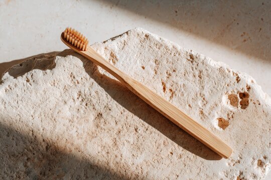 Reusable bamboo toothbrush on natural stone surface representing zero waste lifestyle, eco friendly sustainable dental hygiene product for plastic free bathroom care and environmental responsibility.