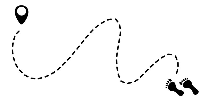 Human footprints on a dashed line path to a final waypoint pin. Winding path marked by dotted lines and stylized footprints. Concept of a journey, route or tracking movement to a final destination.