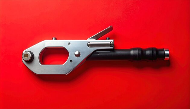 Industrial metal clamp tool on red background.