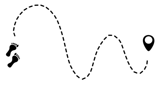Human footprints on a dashed line path to a final waypoint pin. Winding path marked by dotted lines and stylized footprints. Concept of a journey, route or tracking movement to a final destination.