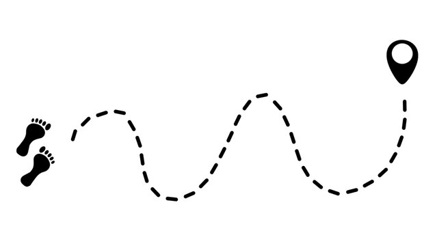 Human footprints on a dashed line path to a final waypoint pin. Winding path marked by dotted lines and stylized footprints. Concept of a journey, route or tracking movement to a final destination.
