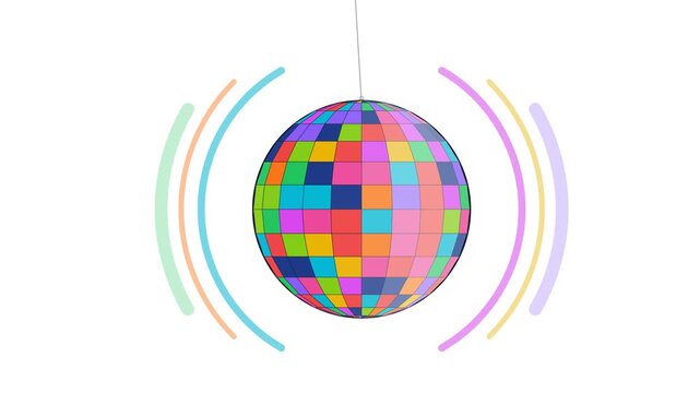 A rainbow colored disco ball rotates and emits light waves in a minimalistic style for celebratory event concepts.