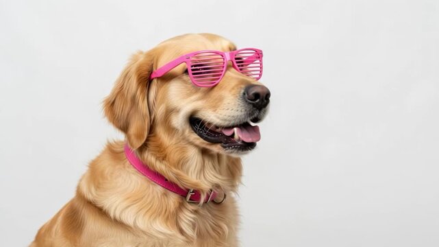 Golden retriever wearing pink shutter shades isolated on white background
