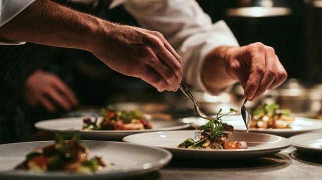 Chef carefully arranges delicate microgreens on a white porcelain plate with silver tweezers in a dimly lit, professional restaurant kitchen environment that features warm ambient overhead lighting.