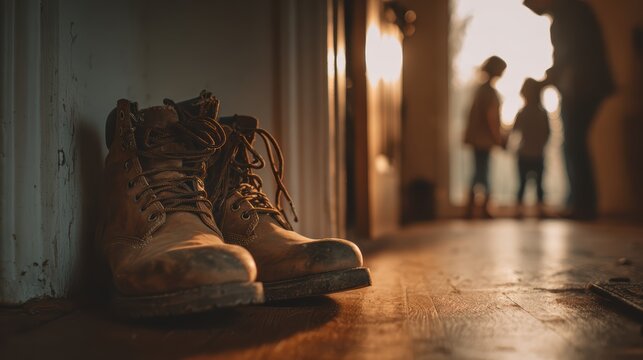 Close up of worn work boots placed neatly near doorway while father embraces his kids in background perfect for family togetherness harmonious homecoming reunion and parent child bonding love concept