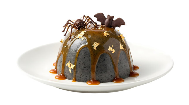 Dark halloween dessert cake with caramel spider bat chocolate on white plate.
