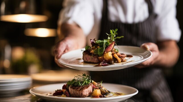 Chef carefully offers a meticulously prepared dinner entree on a crisp white plate to patrons in a dimly lit, high-end restaurant atmosphere showcasing culinary excellence and professional precision.