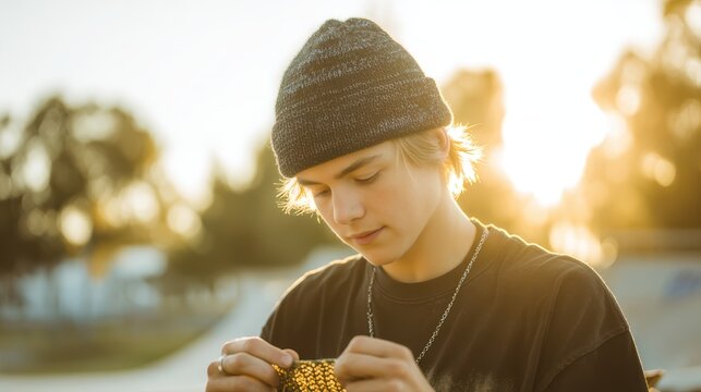 Teen boy knitting beanie in skateboard park showing creative hobby mixing lifestyle. Gen Z youth diversity nontraditional interests authentic expression and contemporary urban recreation lifestyle.