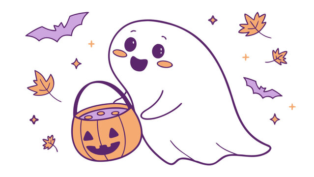 Cute halloween ghost holding pumpkin candy bucket with bats and autumn leaves in playful hand drawn style on white background