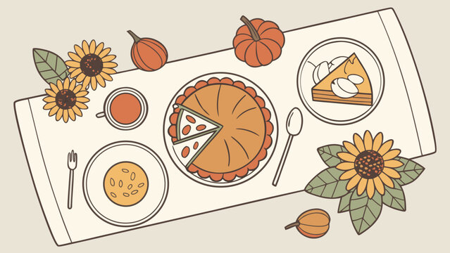 Thanksgiving dinner table with roasted turkey, pumpkin soup, sunflowers, autumn leaves and seasonal harvest decorations