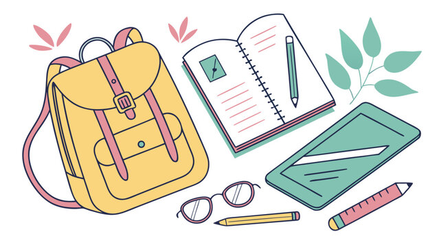 Back to school composition with backpack, notebook, tablet, glasses, pencils and stationery supplies isolated on white background