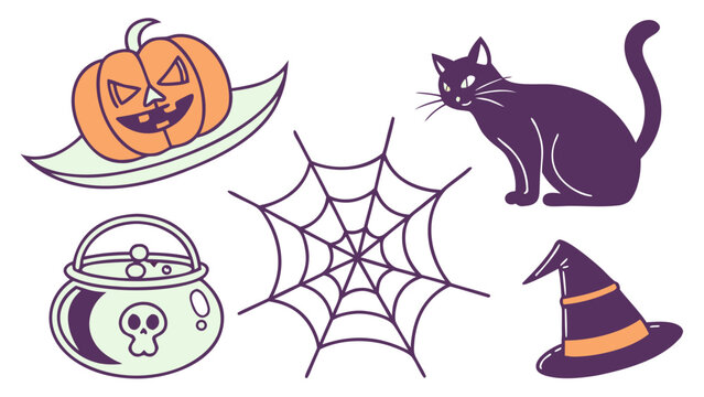 Halloween collection with carved pumpkin, black cat, spider web, cauldron and witch hat isolated on white background