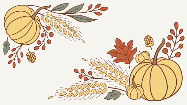Autumn harvest composition with pumpkins, wheat, maple leaves, berries and acorns in elegant hand drawn botanical style on white background