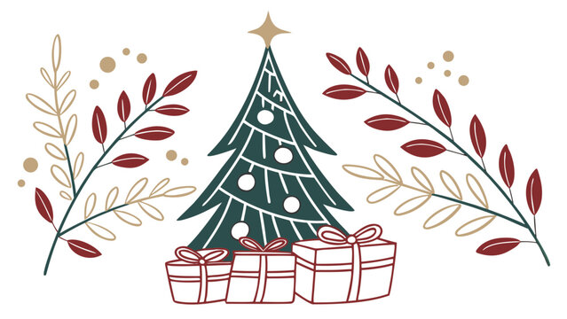 Festive christmas tree with star, gift boxes, red and gold botanical branches, elegant hand drawn holiday decoration on white background